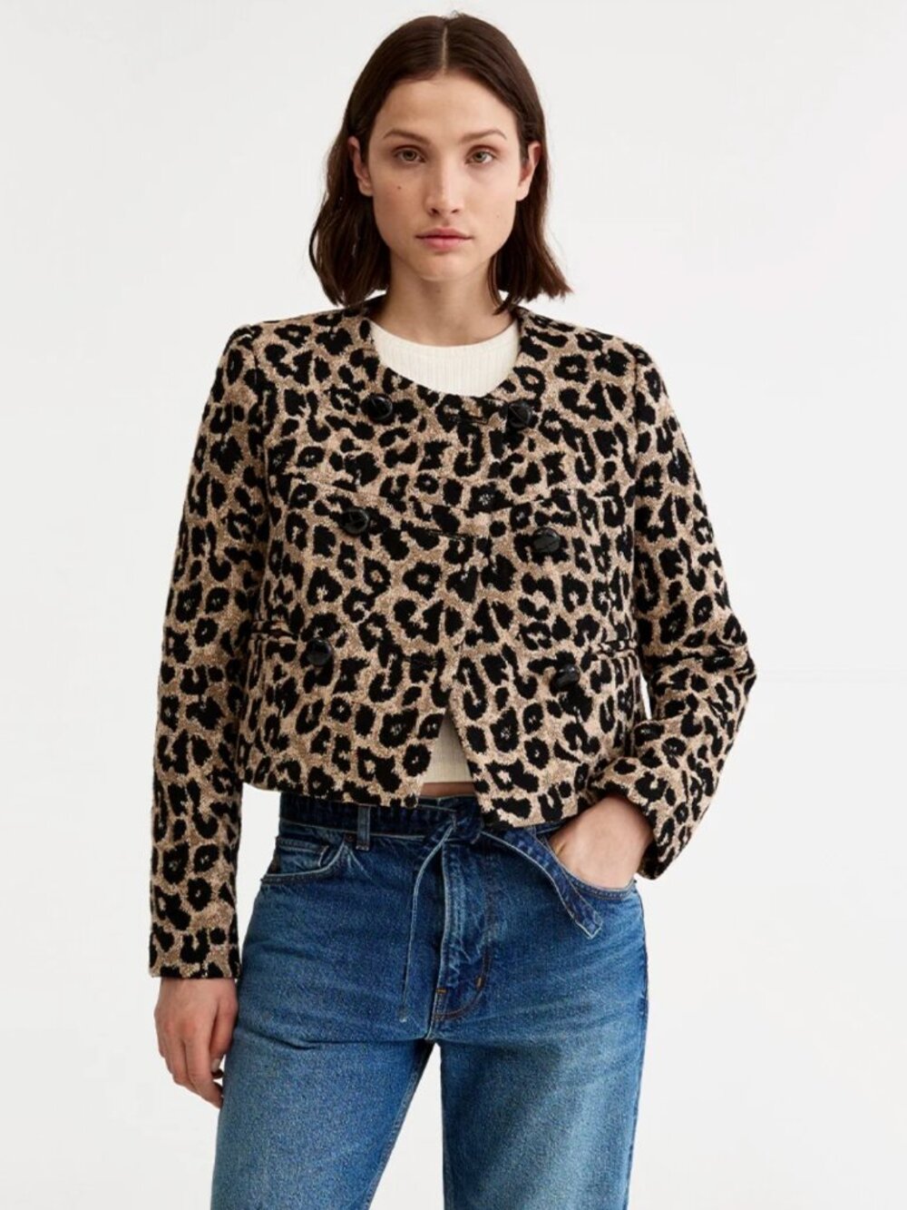Smythe Collarless Double Breasted Mini Jacket in Leopard, size 4